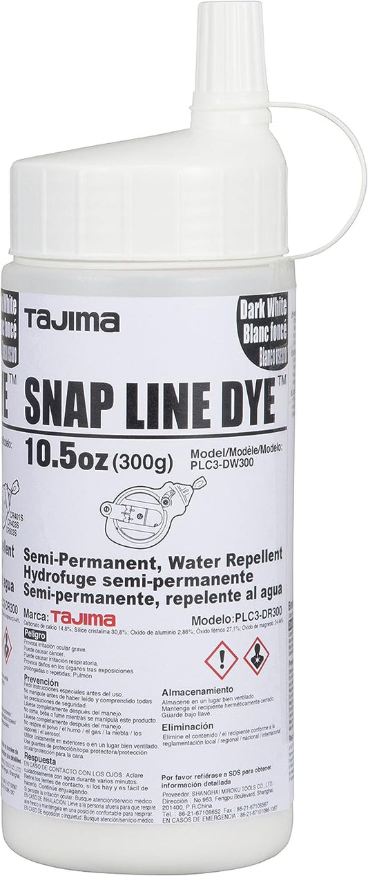 TAJIMA PLC3-DW300 Marking Chalk - White 10.5 oz (300g) Semi Permanent Snap-Line Dye with Durable Bottle & Easy-Fill Nozzle