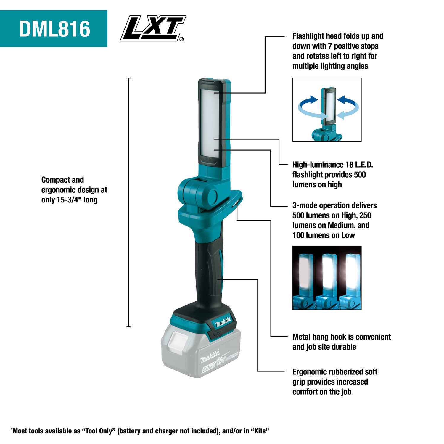 Makita DML816 18V LXT Lithium Ion Cordless 18 L.E.D. Flashlight