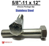 5/8"-11 x 12" Stainless Steel Hex Cap Screw / Bolt 18-8 / 304