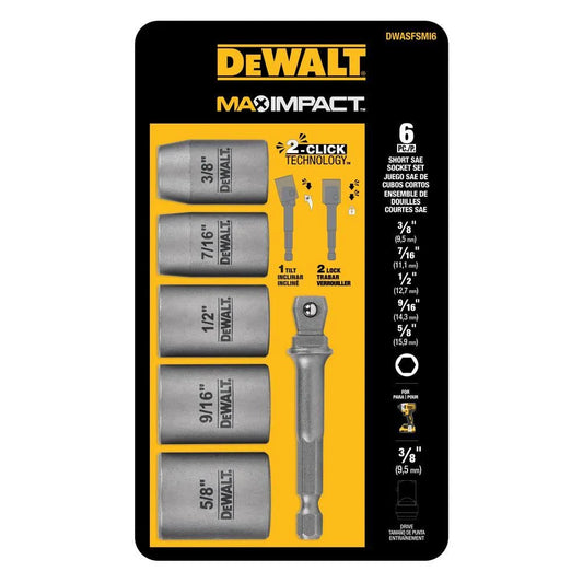 DeWalt DWASFSMI6 MAX Impact 3/8 in. Carbon Steel Drive Socket Set (6-Piece) with 1/4 in. Adapter