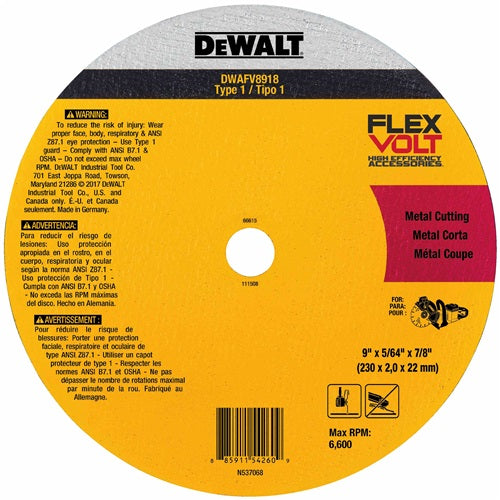 Dewalt DWAFV8918 9" X 5/64" X 7/8 T1 Flexvolt Cutoff Wheel