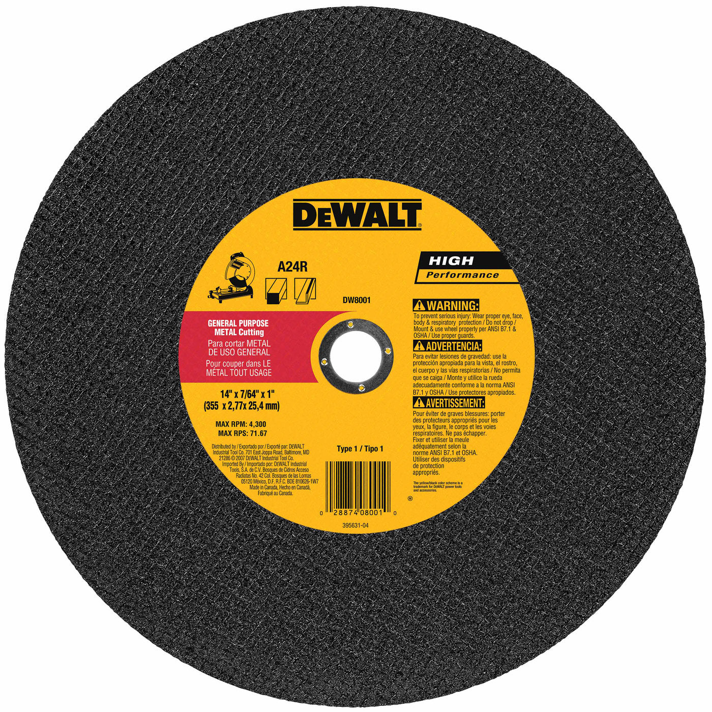 DeWalt DW8001 14" X 7/64" X 1" General Purpose Chop Saw Wheel