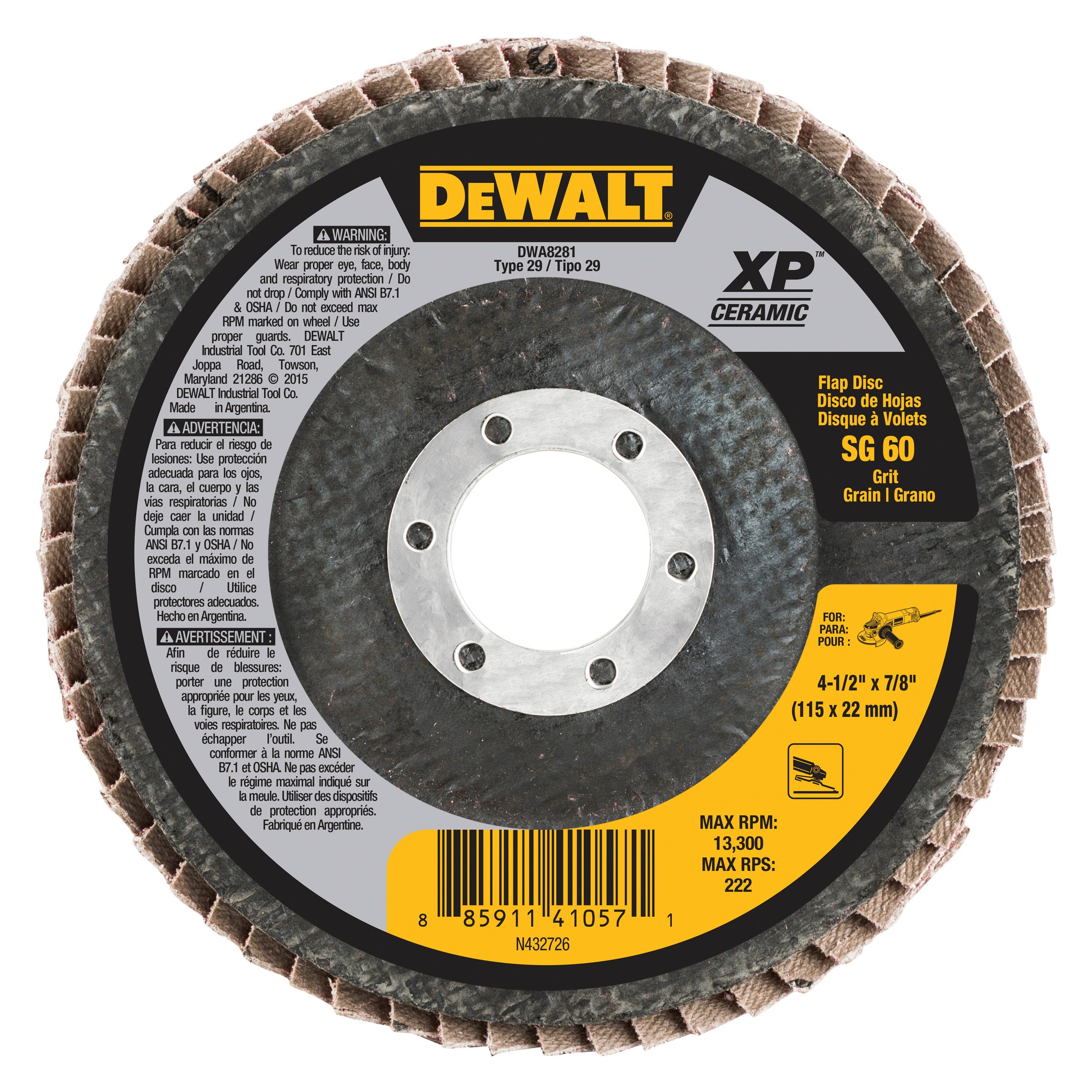 DeWalt DWA8281 4-1/2" X 7/8" 60 G T29 XP Ceramic Flap Disc