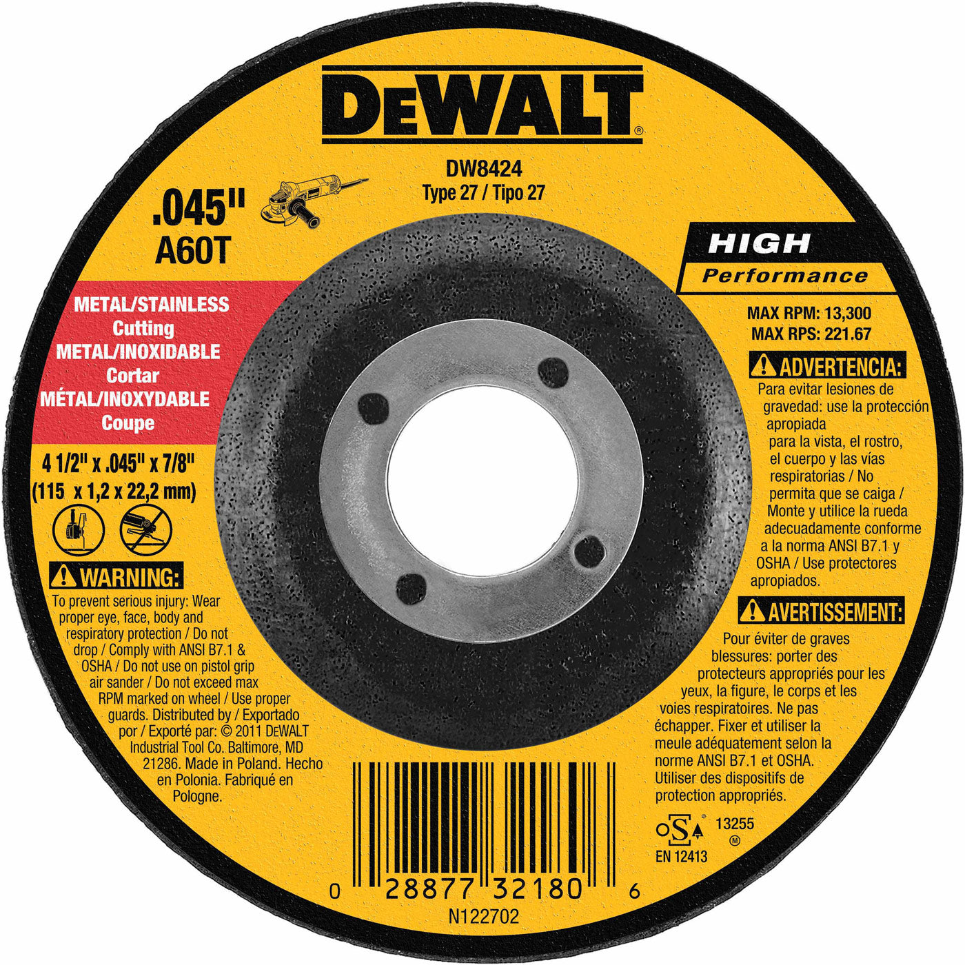 DeWalt DW8424 4-1/2" X .045" X 7/8" Thin Cutting Wheel Type 27 Depressed Center Wheel
