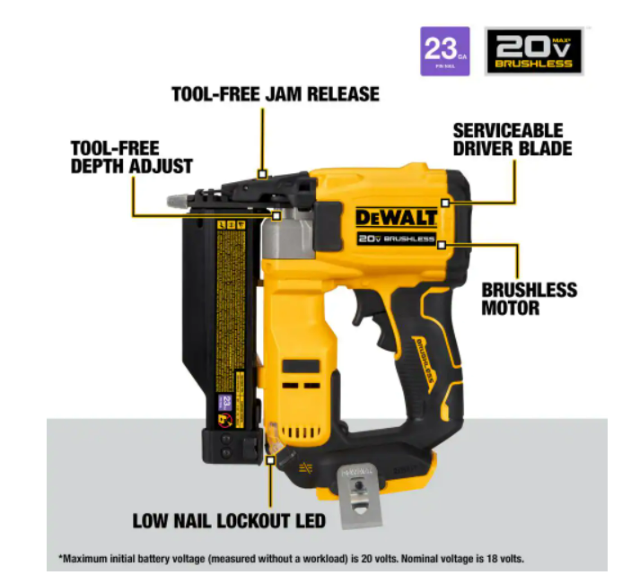 DEWALT DCN623B 20V MAX Lithium Ion Cordless 23 Gauge Pin Nailer