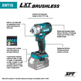 Makita XWT16Z 18V LXT® Lithium‑Ion Brushless Cordless 4‑Speed 3/8" Sq. Drive Impact Wrench w/ Friction Ring Anvil, Tool Only