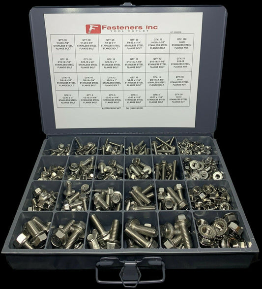 539 PCS USS Stainless Steel Serrated Flange Bolt & Flange Nut Assortment Kit - Gray