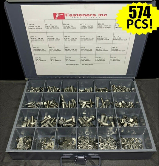 574 PCS 18-8 Stainless Steel Hex Cap Screw Bolt Nut Washer 304 Assortment Kit