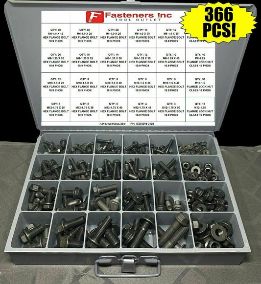 366 Piece Grade 10.9 Metric Flange Bolt & Flange Lock Nut Assortment Kit Black