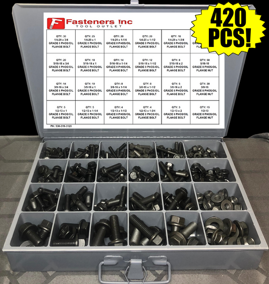 Grade 8 Flange / Frame Bolt & Lock Nut Assortment Kit Black Phos/Oil 420 Pieces - Gray