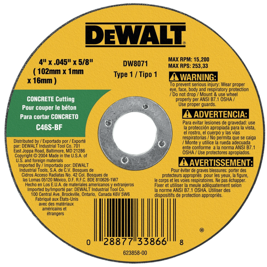 DeWalt DW8071 Concrete Masonry CuttIng Wheel 4" x .045 x 5/8"